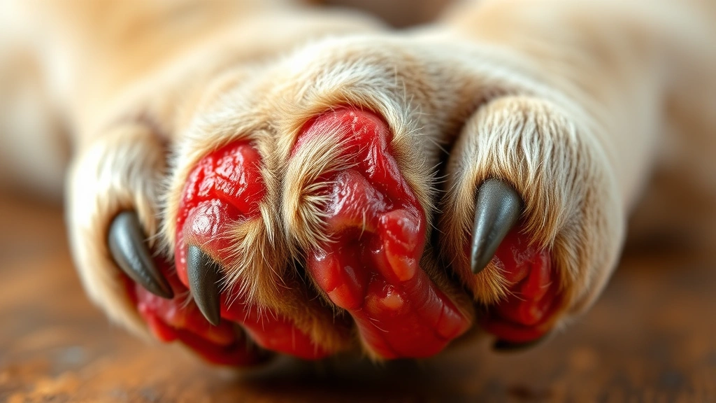 why does a dog chew on his paws -
Photorealistic image of a dog’s inflamed red paw with visible irritation