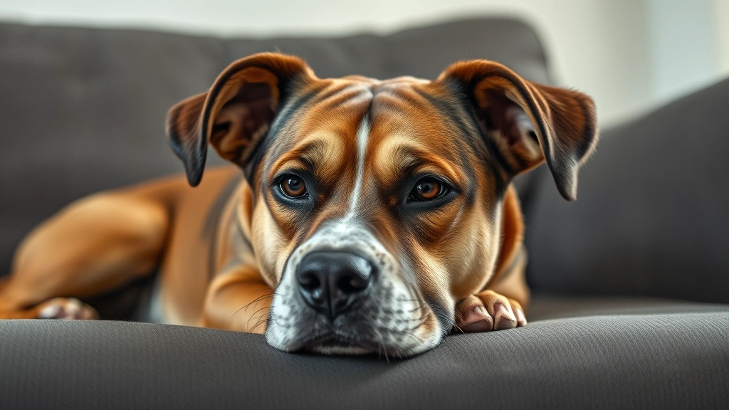 why does a dog chew on his paws -
Photorealistic image of a dog lying on a couch looking stressed or anxious
