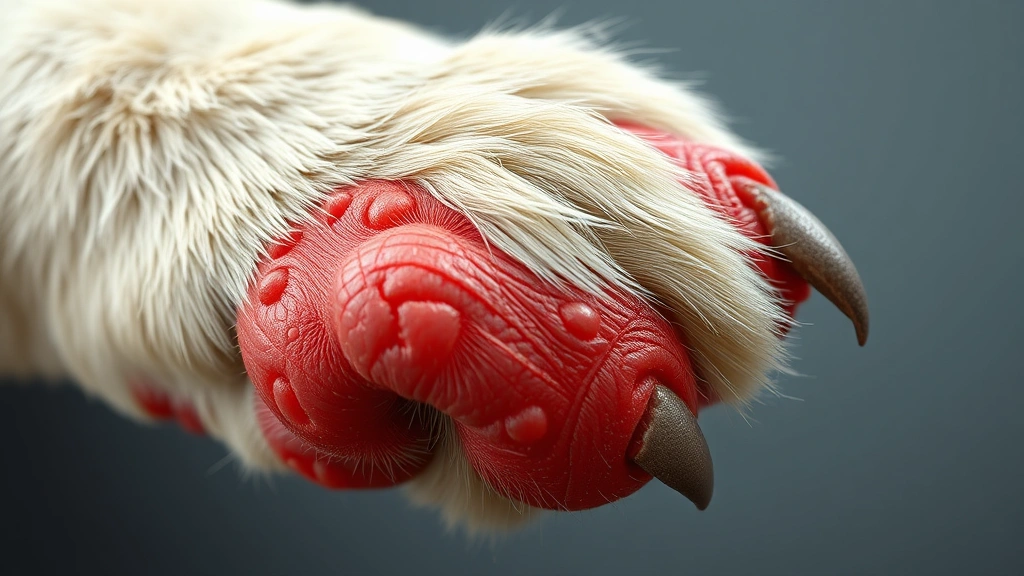 why does a dog chew on his paws -
Photorealistic image of a dog’s paw with visible redness and irritation
