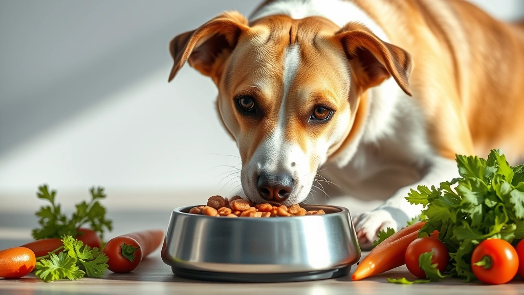 why does a dog eat cat feces -
A healthy dog eating high-quality premium dog food from a bowl with fresh veget