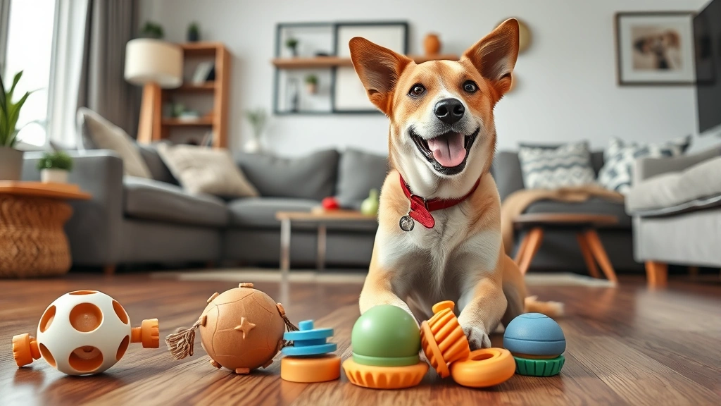 why does a dog eat cat feces -
A dog playing with puzzle toys and enrichment games in a living room, photoreal