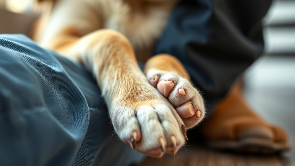 why does a dog lay on your feet -
Close-up of dog’s paws resting on human feet, showing affection and bondi