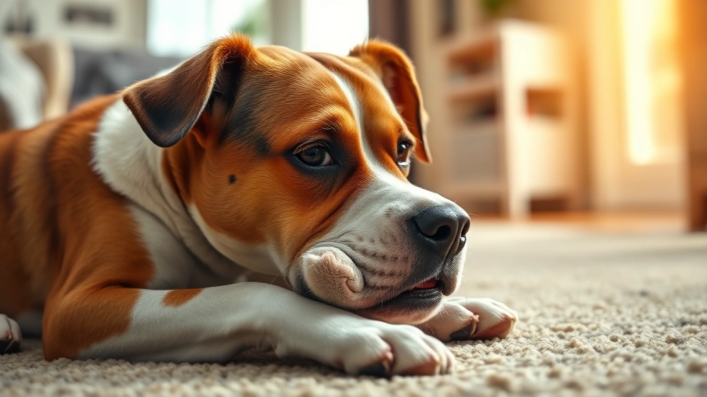 why does dog chew feet -
Photorealistic image of a brown and white dog lying on carpet looking anxious a