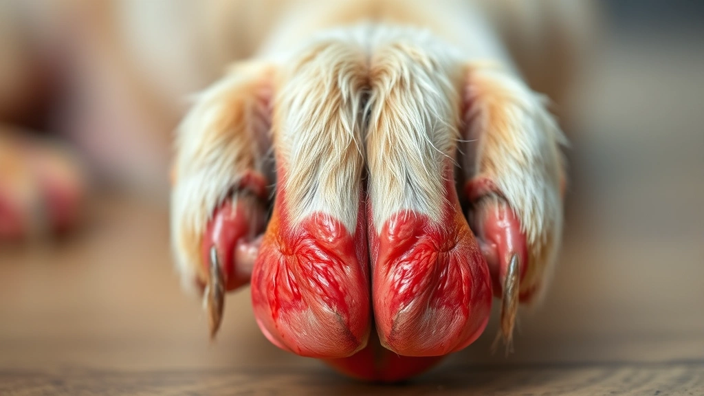why does dog chew feet -
Photorealistic image of a dog’s inflamed red paw with visible irritation