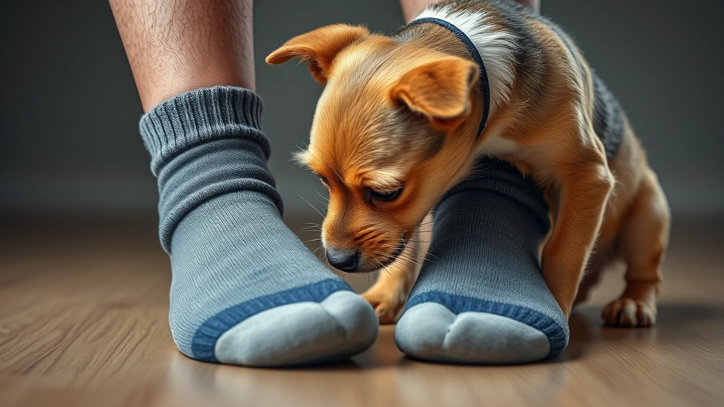 why does dog lick my feet -
Photorealistic image of a person’s feet in socks with a small terrier dog