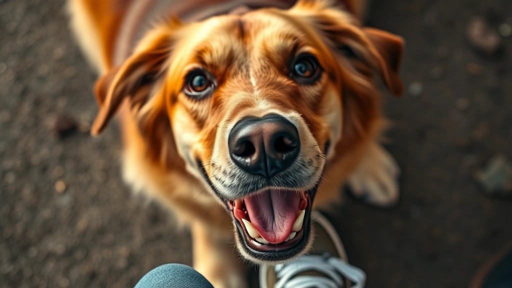 why does dog lick my feet -
Photorealistic overhead shot of a dog’s face looking up while licking an