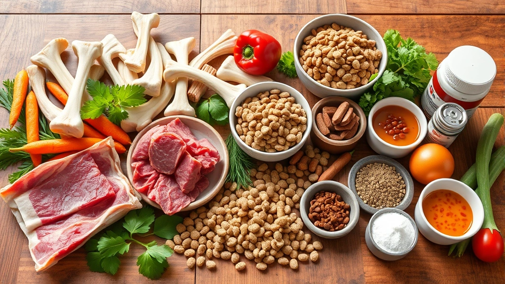 why does dog poop turn white -
Photorealistic image of various dog food ingredients laid out including raw bon