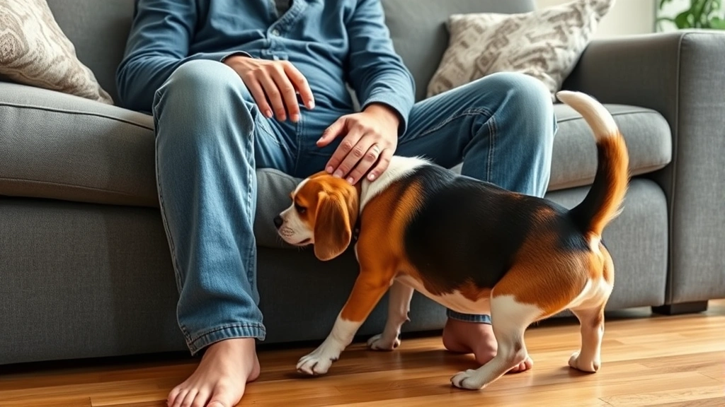 why does dog smell my crotch -
Photorealistic photo of a person sitting on a couch with a beagle sniffing thei