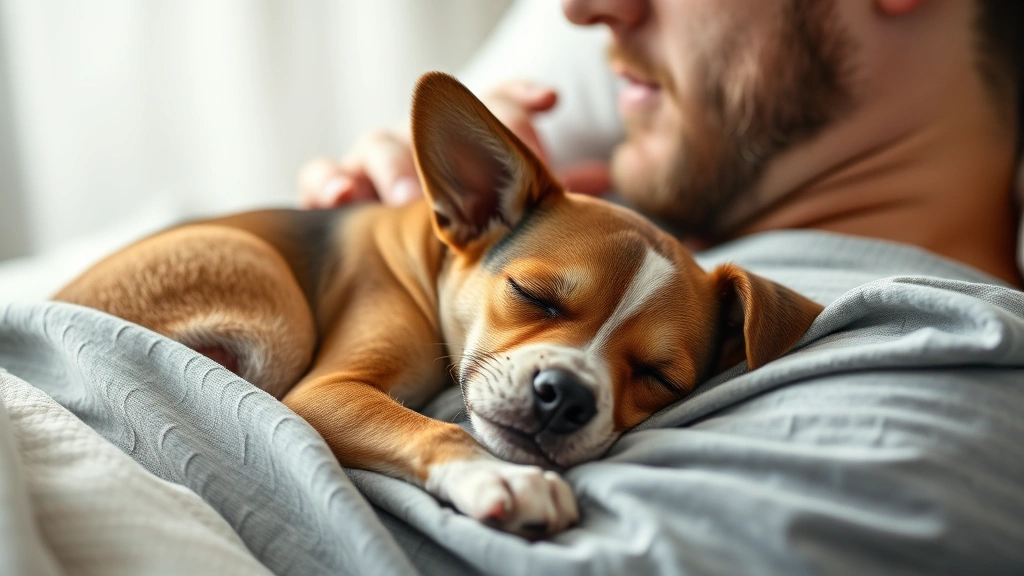 why does my dog always lay on me -
Close-up of a small dog curled up on owner’s chest while lying in bed, ow