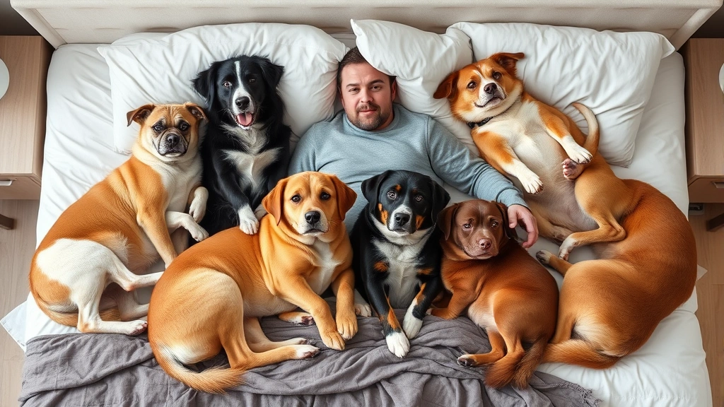 why does my dog always lay on me -
Multiple dogs of different breeds laying on and around their owner on a bed, sh