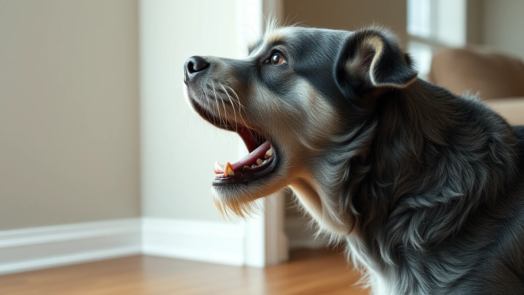 why does my dog bark at nothing -
Photorealistic image of a senior gray-muzzled dog barking at an empty corner of