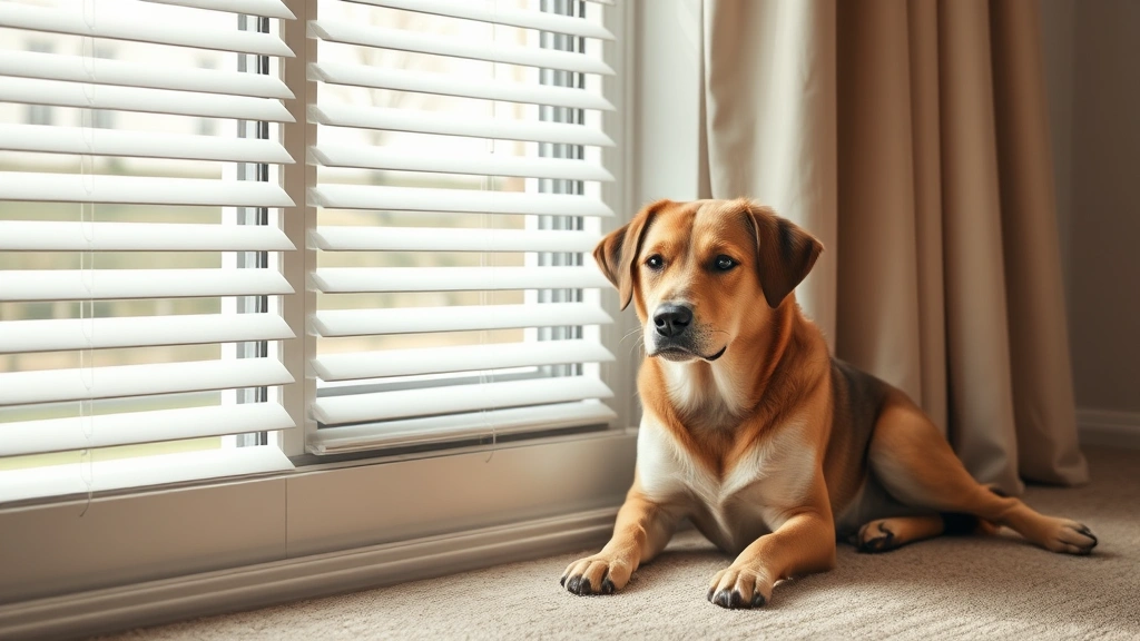 why does my dog bark at nothing -
Photorealistic image of a dog sitting calmly next to a window with blinds parti