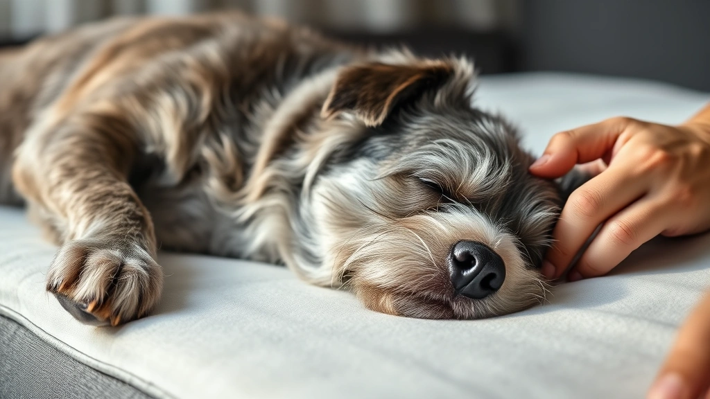 why does my dog bark in his sleep -
Photorealistic senior gray-muzzled dog napping on orthopedic bed with owner&#82