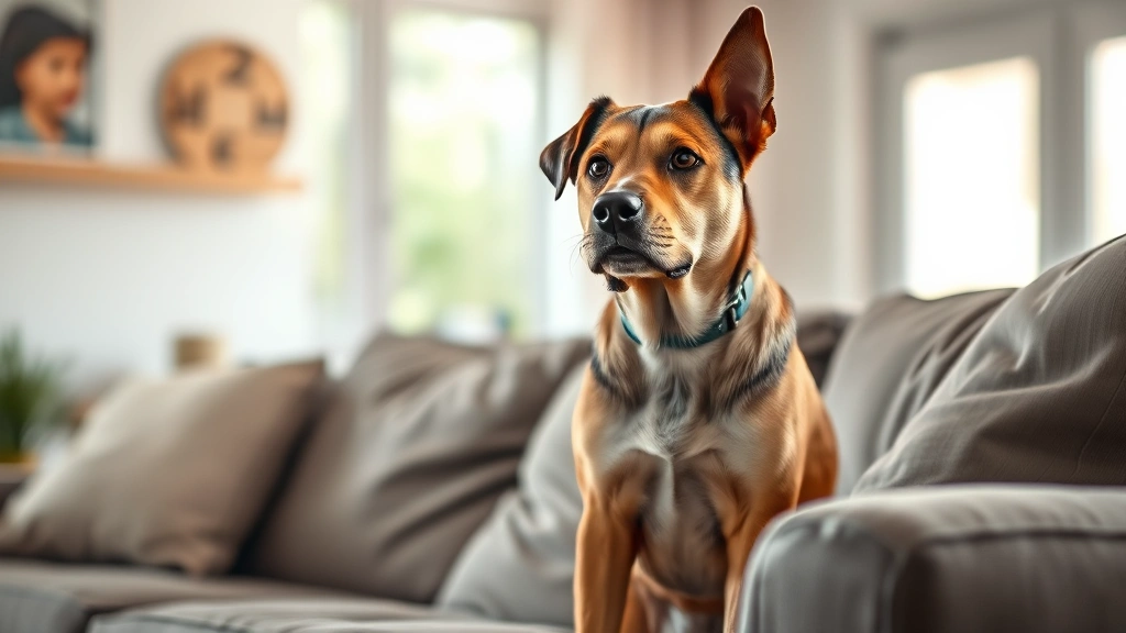 why does my dog bite her feet -
Photorealistic image of a dog sitting on a couch looking anxious or stressed, w