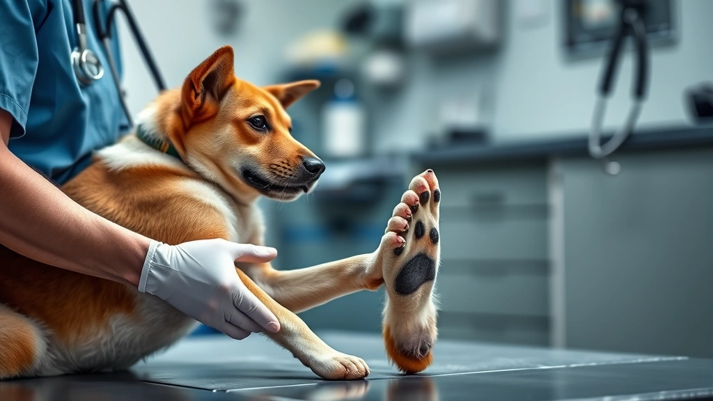 why does my dog bite her feet -
Photorealistic image of a veterinarian examining a dog’s foot and paw pad
