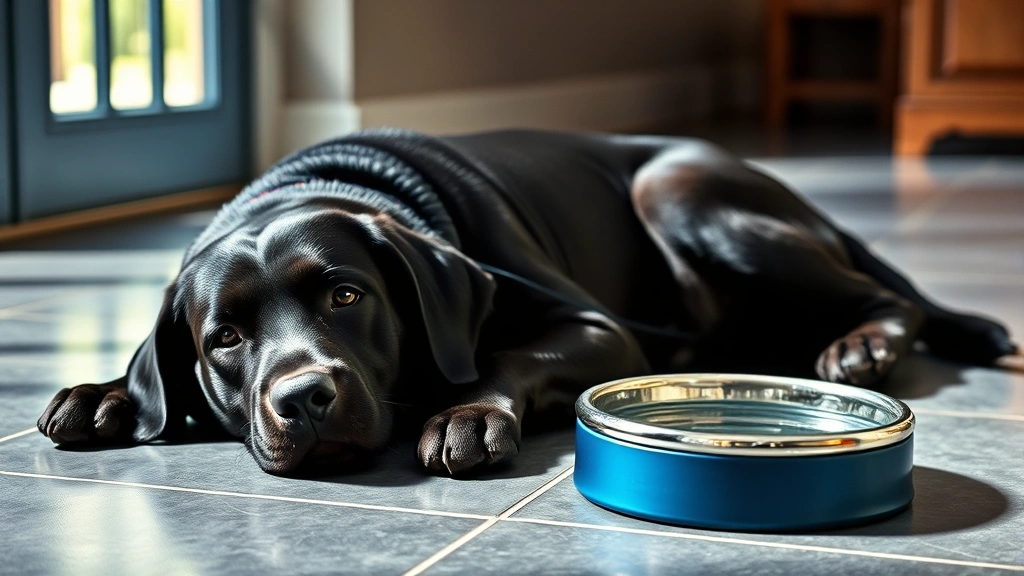 why does my dog breathe heavy -
Photorealistic image of a black Labrador retriever lying down on a cool tile fl
