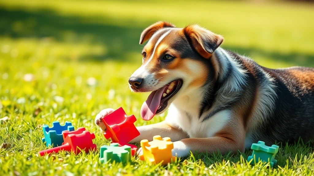 why does my dog chew his feet -
Photorealistic image of a happy healthy dog playing with colorful puzzle toys o