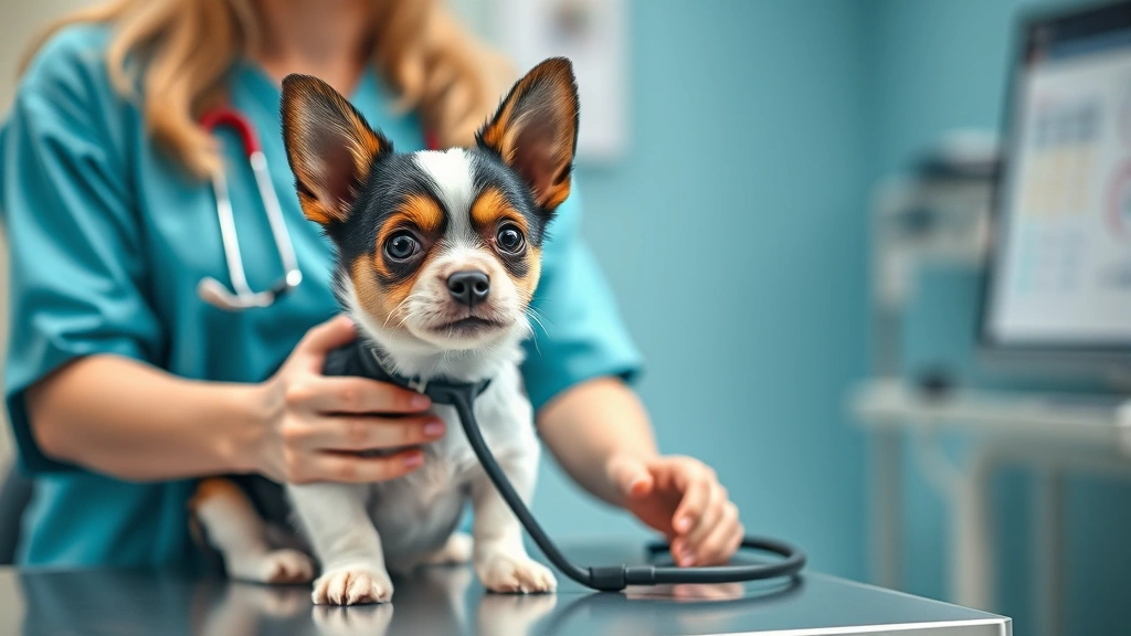 why does my dog cough -
Photorealistic image of a small dog at veterinary clinic examination table with