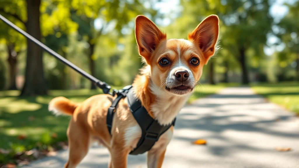 why does my dog cough -
Photorealistic outdoor scene of a small dog on a harness during a gentle walk i