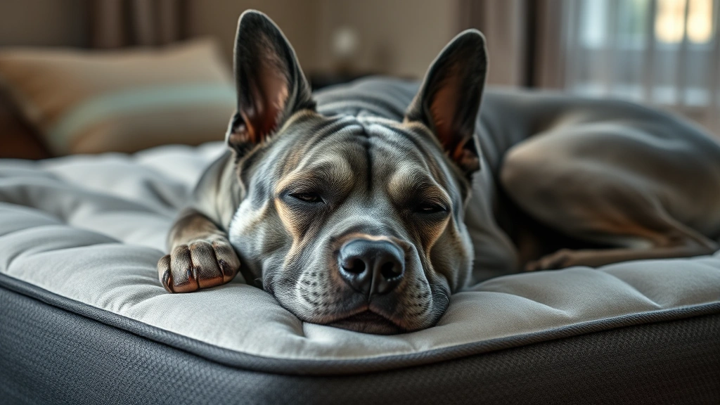 why does my dog cry in his sleep -
Photorealistic senior gray-muzzled dog sleeping on an orthopedic bed in a quiet