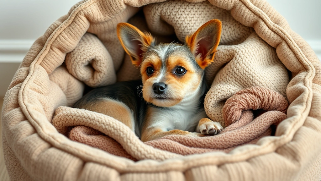 why does my dog dig on my bed -
Photorealistic small terrier contentedly nesting in a dedicated dog bed with so