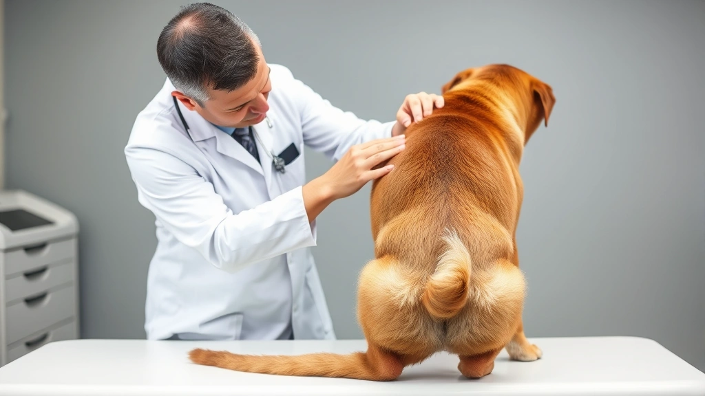 why does my dog drag his butt -
A veterinarian in white coat examining a brown dog’s rear area on an exam