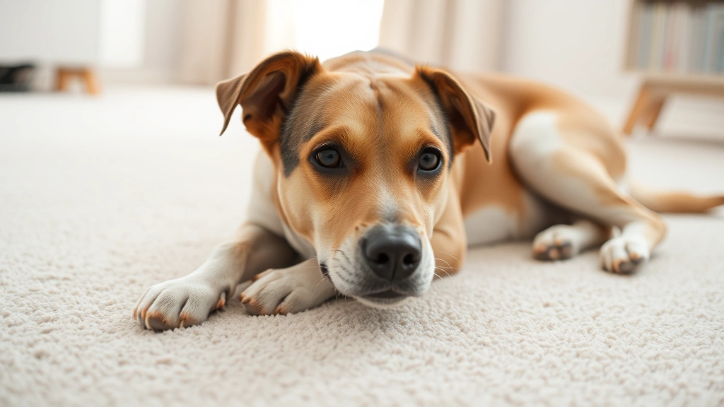 why does my dog drag his butt -
A dog lying on a light-colored carpet indoors