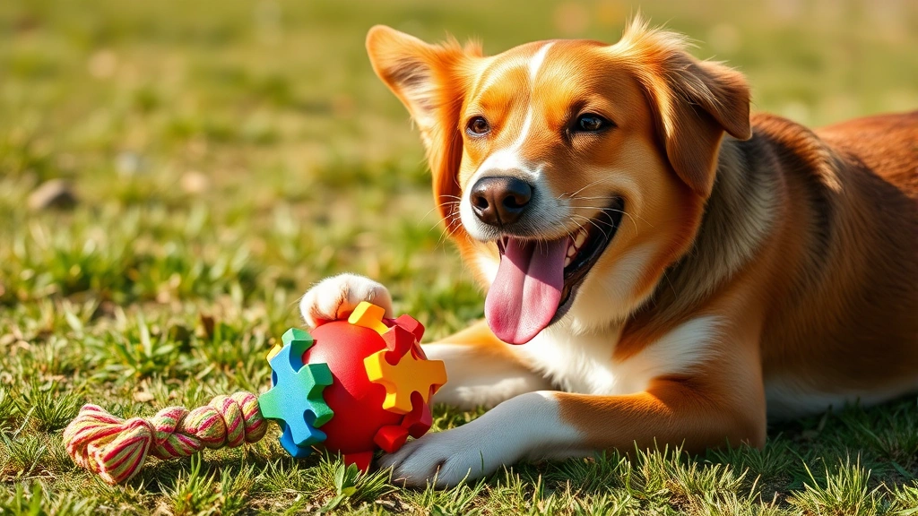 why does my dog eat grass -
Happy dog playing with colorful puzzle toy and rope toy on grass, photorealisti