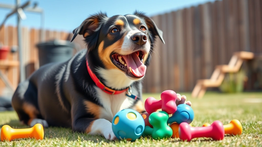 why does my dog eat rocks -
Happy dog playing with colorful rubber chew toys in a sunny backyard, engaged a