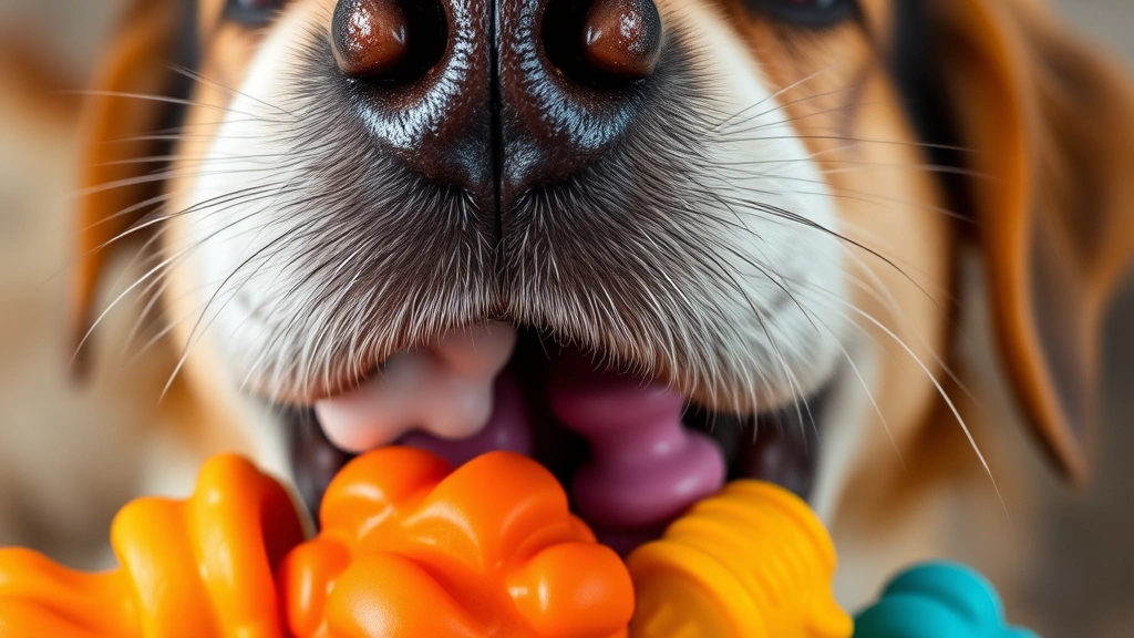 why does my dog eat sticks -
Photorealistic close-up of a dog’s mouth with various safe chew toys incl