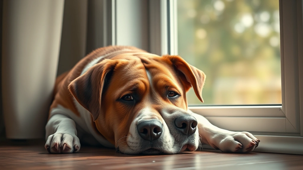 why does my dog eat sticks -
Photorealistic brown and white dog lying down indoors looking bored and sad nea