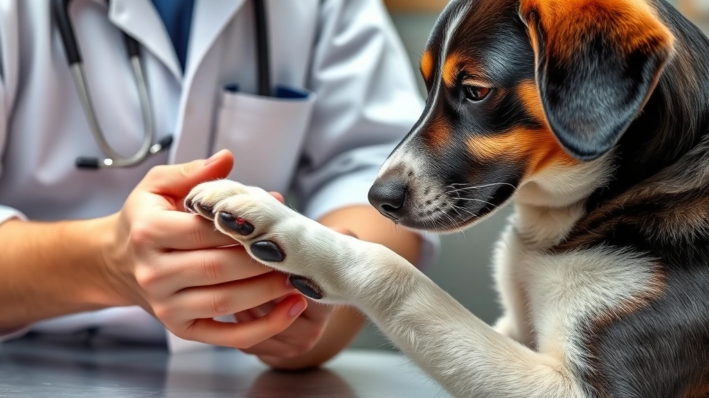 why does my dog excessively lick me -
Photorealistic image of a veterinarian examining a dog’s skin and paws du