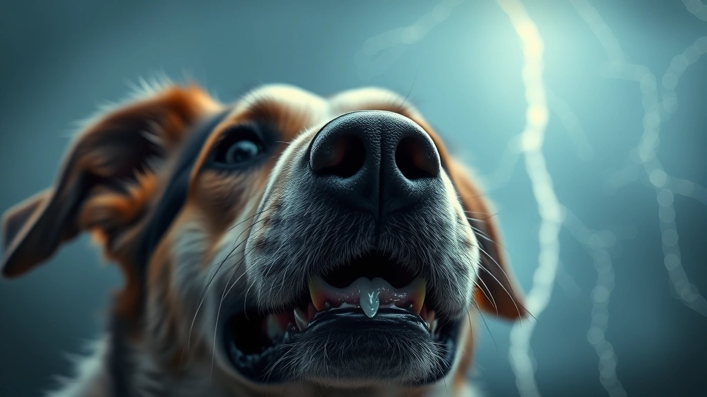 why does my dog foam at the mouth -
Photorealistic close-up of a dog’s face showing mouth foam during a thund
