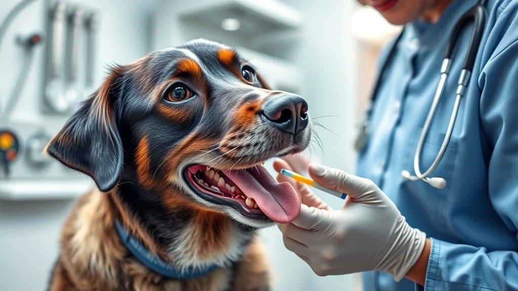 why does my dog foam at the mouth -
Photorealistic image of a veterinarian examining a dog’s mouth with a ton