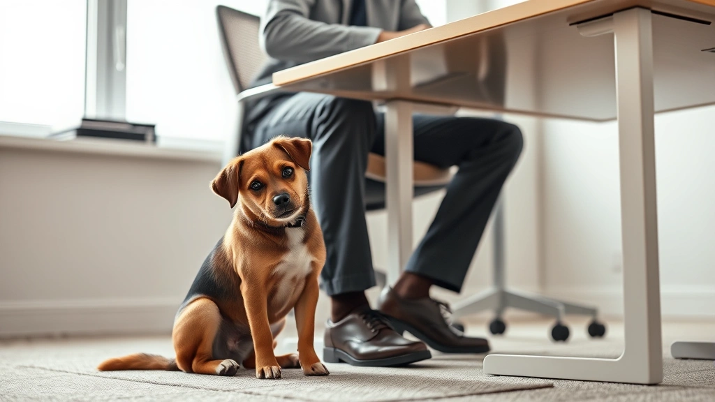 why does my dog follow me everywhere -
Small anxious dog sitting next to a man’s feet while he works at a desk,