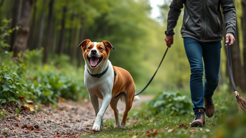 why does my dog follow me everywhere -
Happy dog walking alongside owner on a nature trail, both in motion, green fore