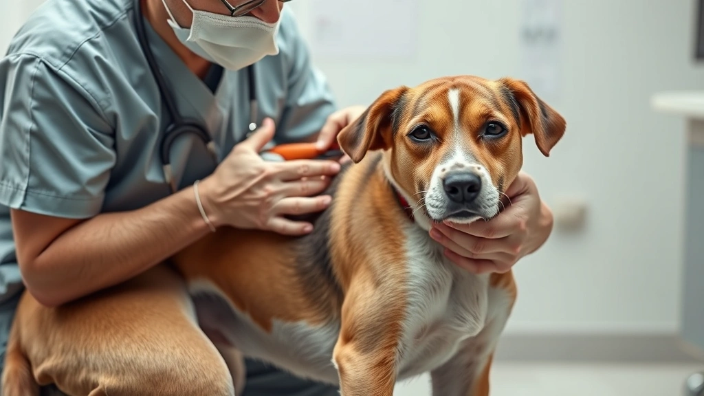 why does my dog have blood in his poop -
Photorealistic image of a veterinarian examining a dog’s abdomen during a