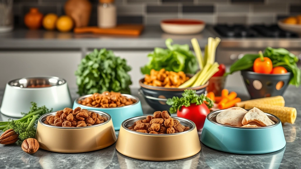 why does my dog have blood in his poop -
Photorealistic photo of various dog food bowls and healthy ingredients like chi