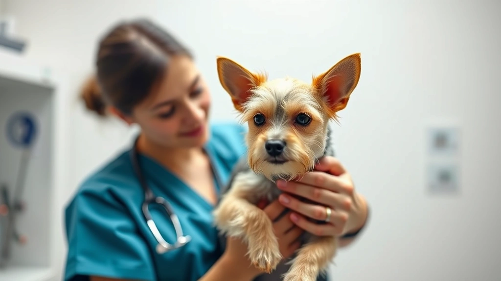 why does my dog have diarrhea -
Photorealistic style: A vet tech in scrubs holding a small terrier during exami