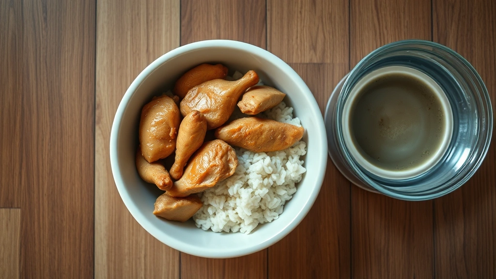 why does my dog have diarrhea -
Photorealistic style: Overhead shot of a dog food bowl with plain boiled chicke