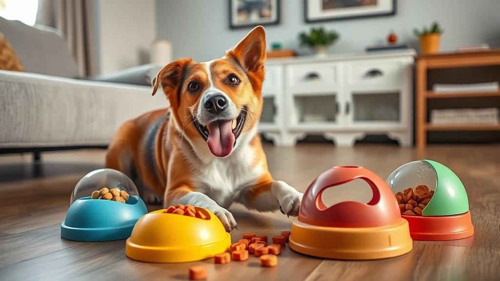why does my dog howl when i leave -
Photorealistic image of a happy dog playing with interactive puzzle toys and tr