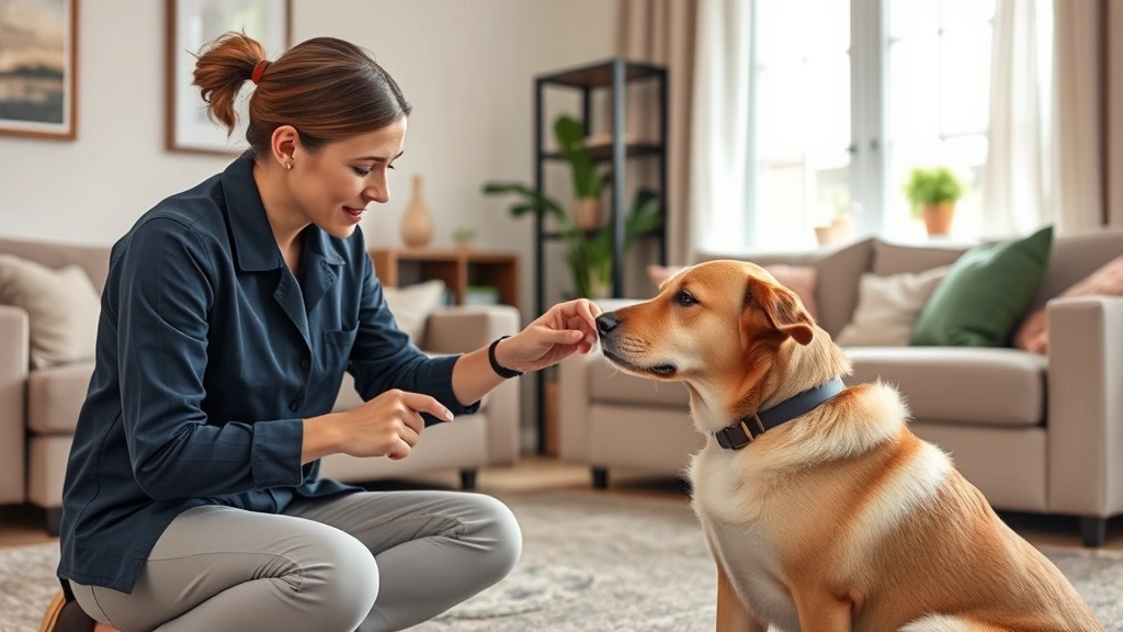 why does my dog howl when i leave -
Photorealistic image of a professional dog trainer working with a calm dog in a