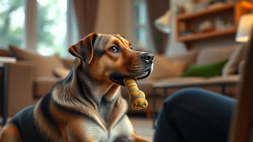 why does my dog hump me -
Photorealistic image of a calm dog sitting and looking at owner with a toy in m