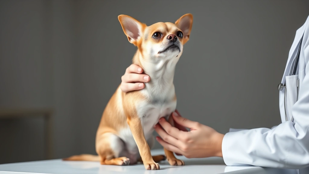 why does my dog keep coughing and gagging -
Photorealistic image of a small dog breed like a Chihuahua sitting on a vet exa