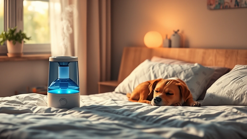 why does my dog keep coughing and gagging -
Photorealistic image of a humidifier running in a cozy bedroom corner with a sl