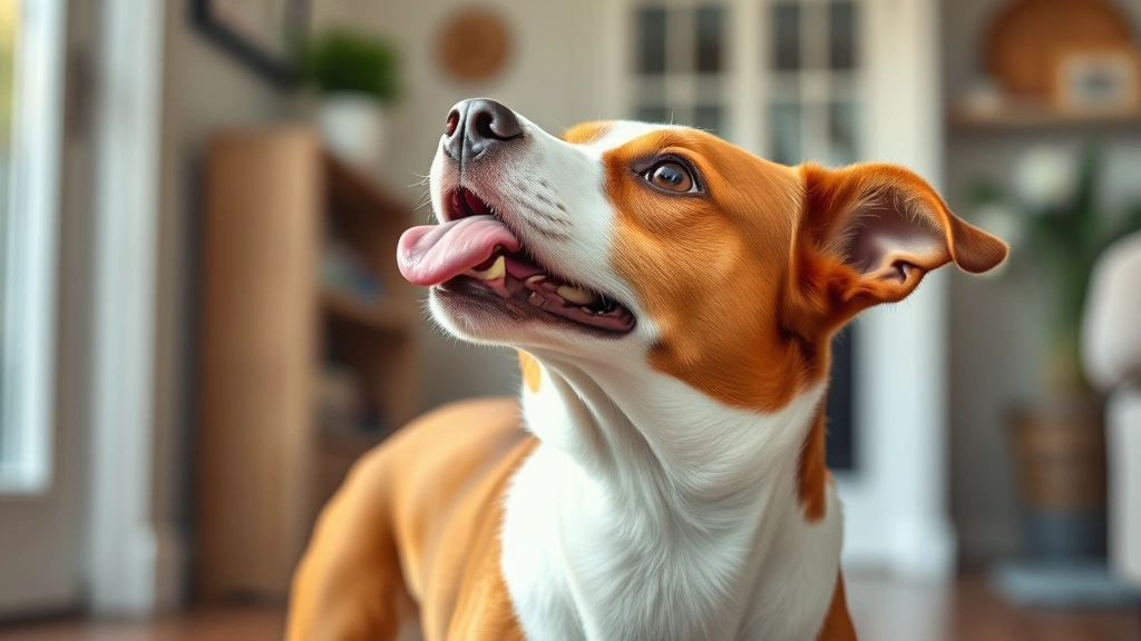 why does my dog keep licking the air -
Photorealistic image of a brown and white dog standing indoors, head tilted bac