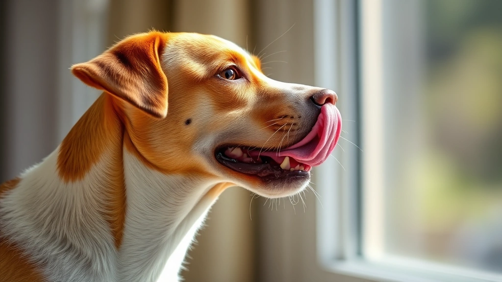 why does my dog keep licking the air -
Photorealistic side profile of a medium-sized dog with tongue out repeatedly li