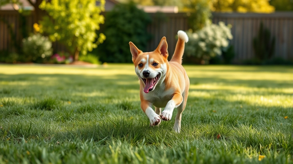 why does my dog keep peeing on my bed -
A happy dog playing in a grassy yard during daytime, running and jumping with j