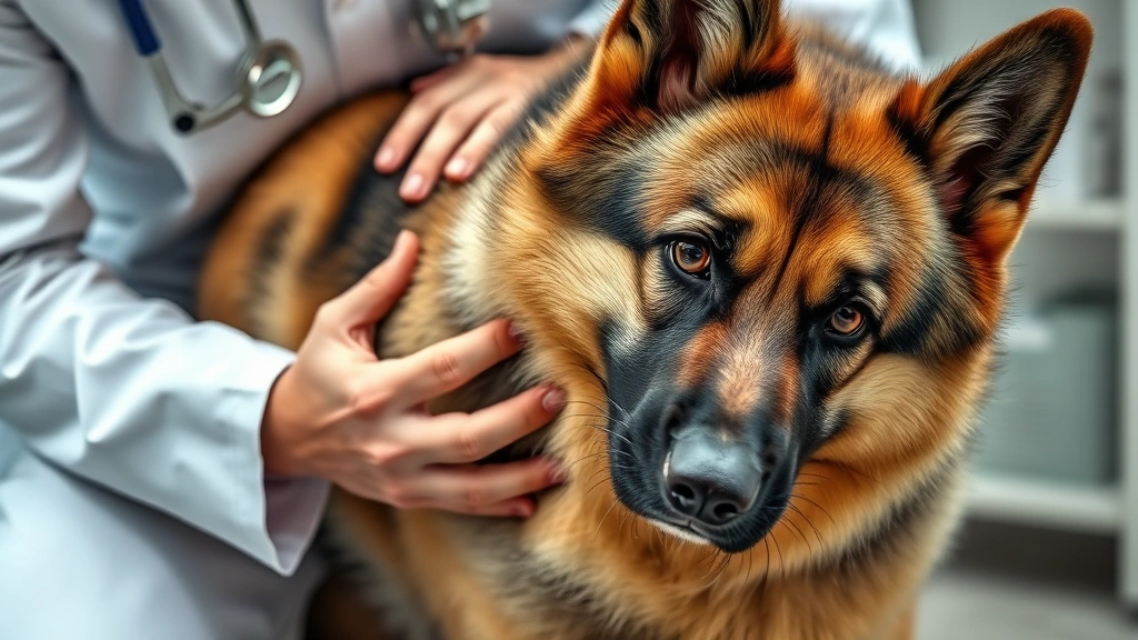 why does my dog keep throwing up -
Photorealistic close-up of a veterinarian examining a German Shepherd’s a