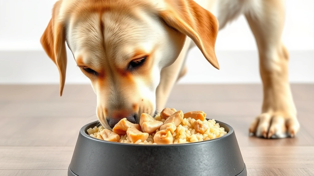 why does my dog keep throwing up -
Photorealistic image of a healthy-looking Labrador eating from a food bowl cont